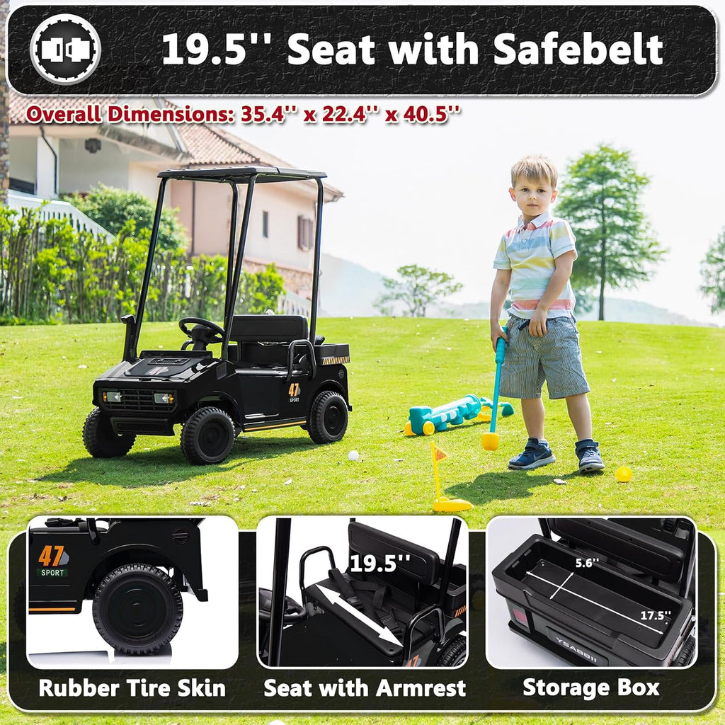 12V 7AH Golf Cart for Kids Boys Girls, Battery Powered Ride on Toys with Parent Remote Control, 2 Seater Ride on Golf Cart with Plastic Roof, Real Pedal, Music Player, Horn (Black)
