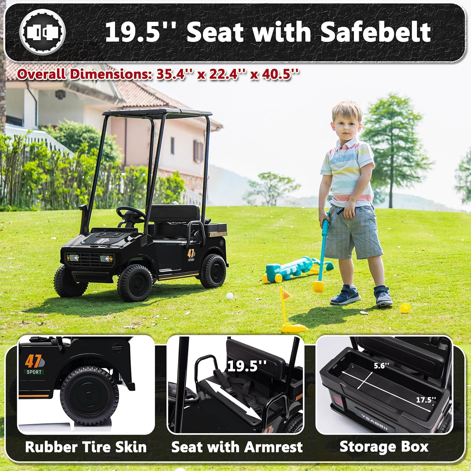 12V 7AH Golf Cart for Kids Boys Girls, Battery Powered Ride on Toys with Parent Remote Control, 2 Seater Ride on Golf Cart with Plastic Roof, Real Pedal, Music Player, Horn (Black)