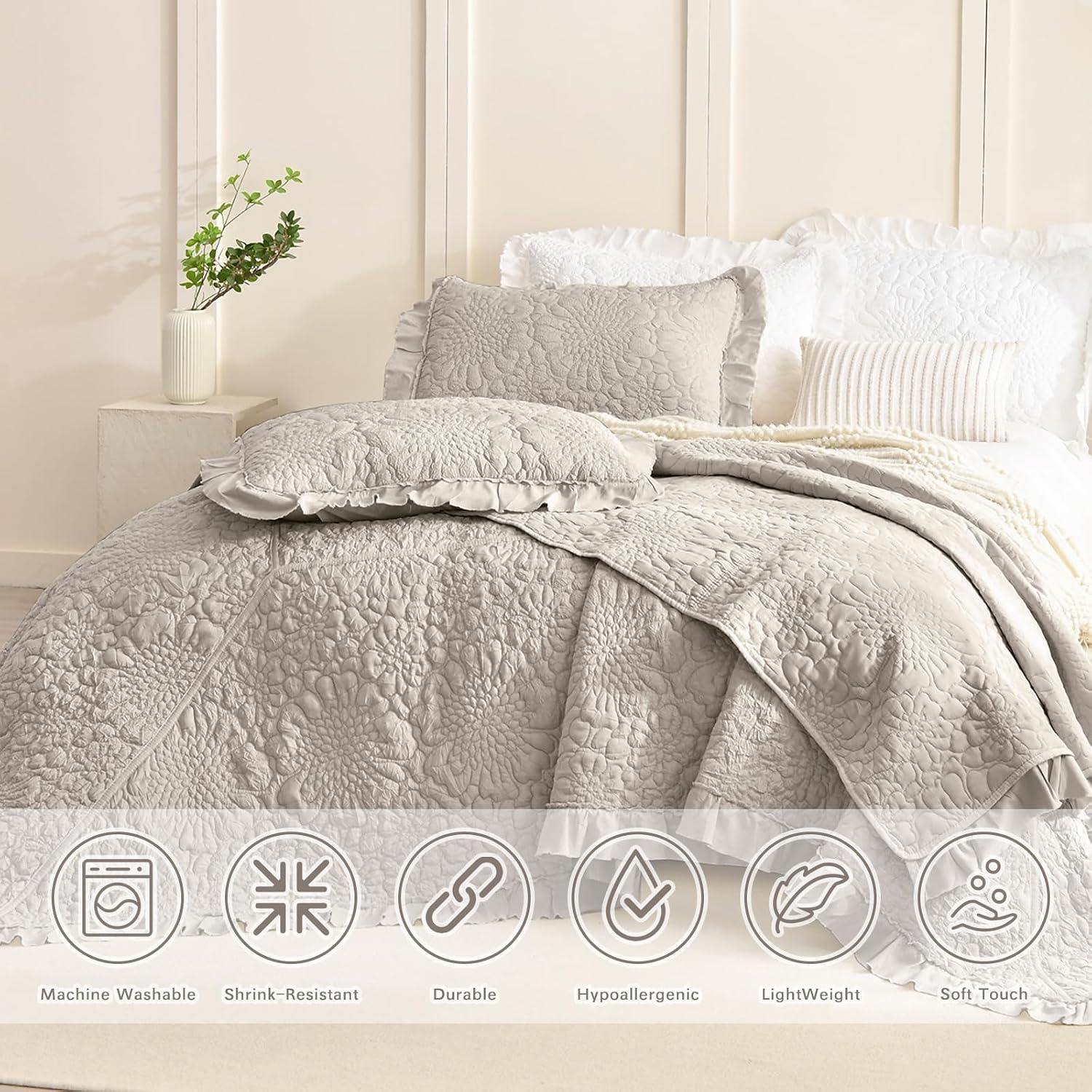 Lady Ann Oversized Bedspread Set 128x120, Extra Large Linen Feel Stone-Washed Ruffled Quilt Set Crinkled Blanket, Lightweight Shabby Quilted Bedspreads &Coverlets 3 PCS Farmhouse Rustic Bedding Sets
