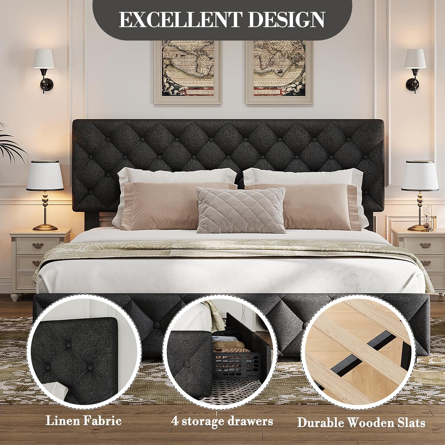 King Size Bed Frame with 4 Storage Drawers & Headboard, Linen Upholstered Platform Bed Frame, Stylish Diamond Tufted Design, No Box Spring Needed | Black