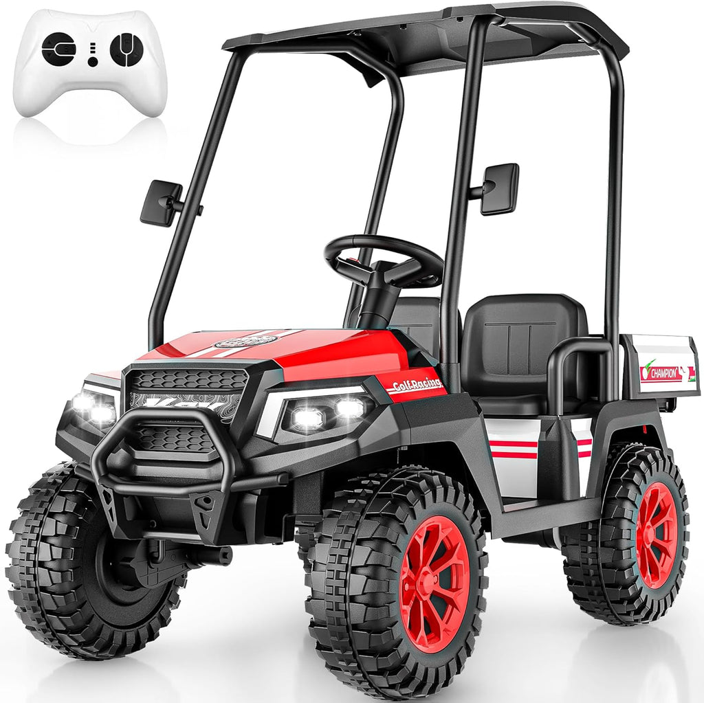 24V Kids Golf Cart w/Detachable Awning–4WD 2 Seater Ride on Car w/Large Storage Trunk, Remote Control, 3 Speeds, Music Player, LED Lights, Ride On Toys, Gift for Kids Ages 3-8(Red)