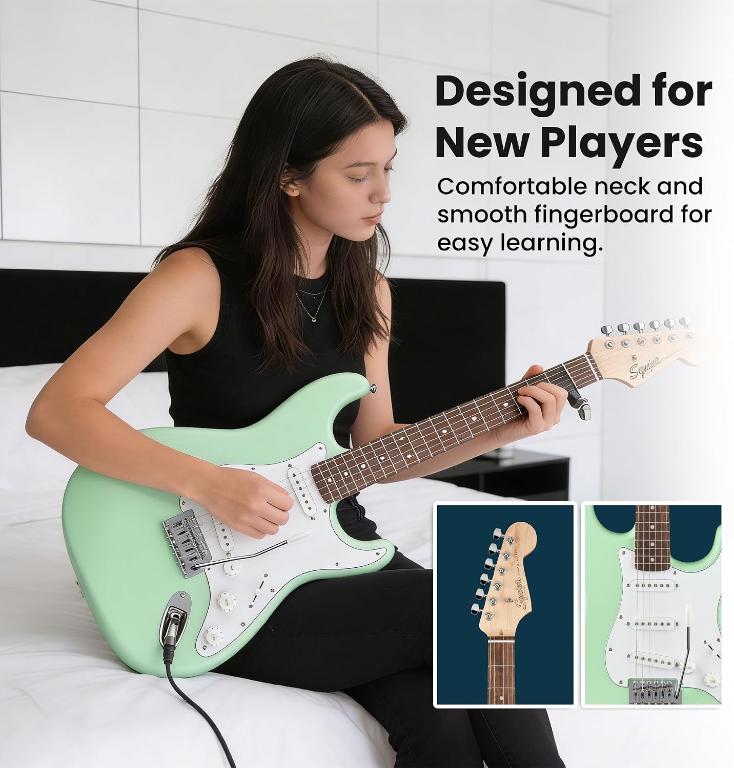 Fender Squier Stratocaster Electric Guitar - Surf Green Bundle with Amplifier, Gig Bag, Cable, Strap, Picks, and Austin Bazaar Instructional Video