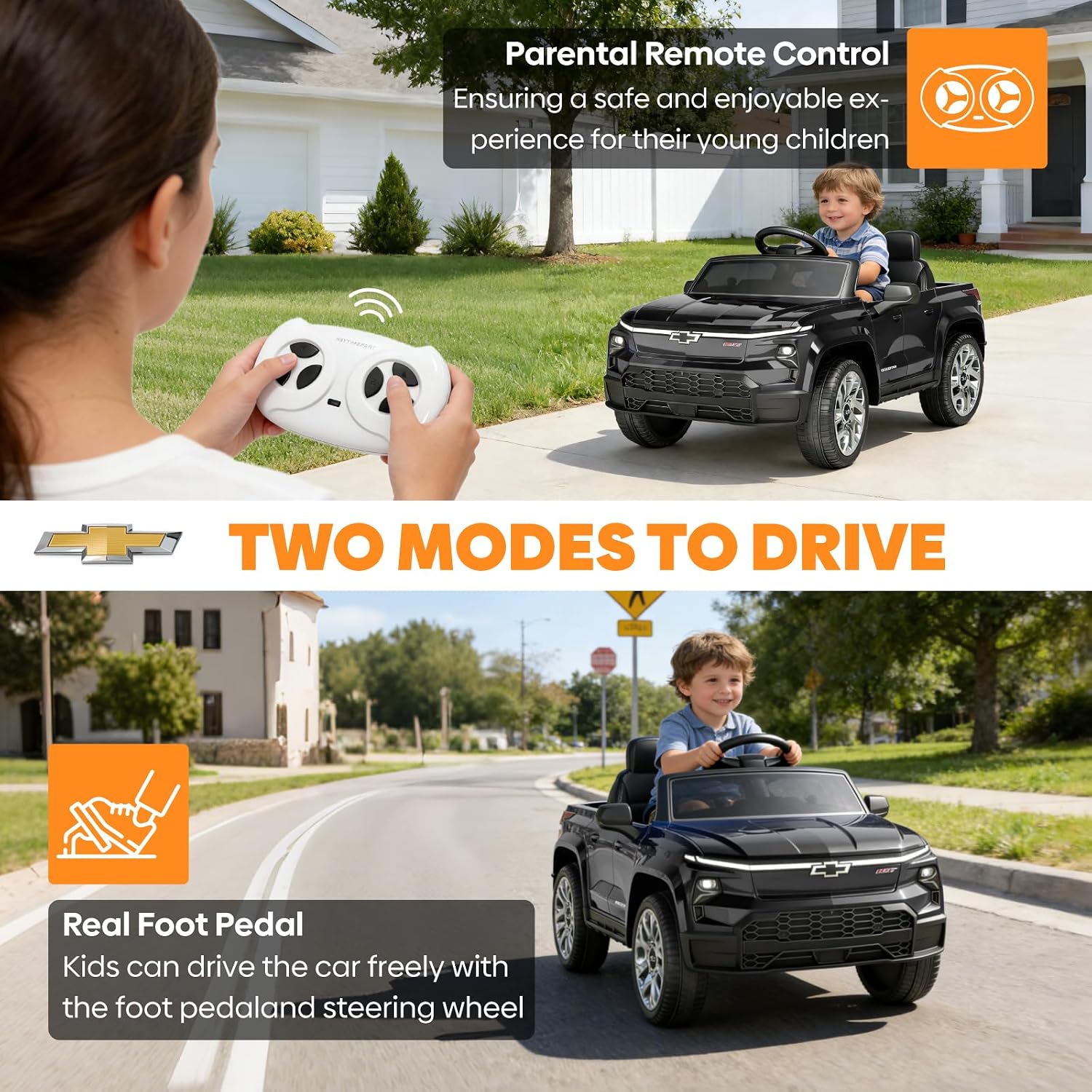 24V Licensed Chevrolet Silverado Electric Car for Kids, Ride on Toys for Toddlers with Remote Control, Soft Start, LED Lights, Music Player, Seat Belts, Easy to Assemble, Black