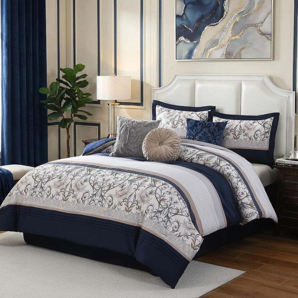 CozyDH 7-Piece Vintage Vine Floral Comforter Set, Navy Beige, Queen - 300TC Cotton Luxury Farmhouse Pleated Design, All-Season Down Alternative Bedding with Bedskirt, Shams, Decor Pillows, 90x90 in