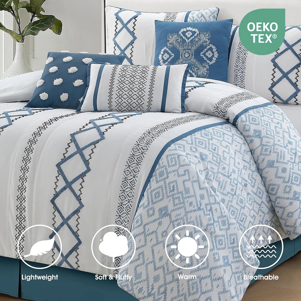 LANCO MODERN LIFESTYLE Blue California King Comforter Set, 7 Pieces All Season Bedding Sets in a Bag with Geometric Terry Embroidered Comforter, Bed Skirt, Pillow Shams and Decorative Pillows