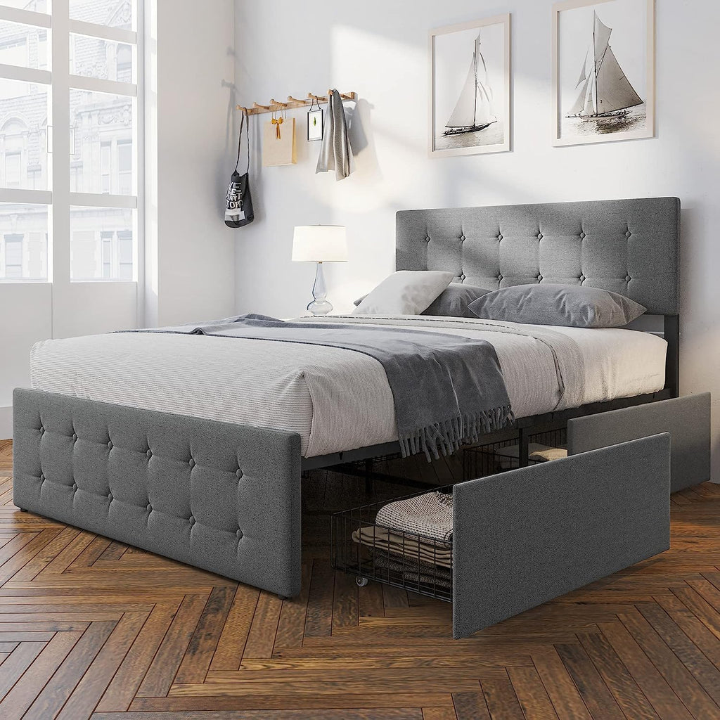GAOMON Full Size Bed Frame with 4 Drawers Storage and Headboard, Tufted Upholstered Full Platform Bed Frame Mattress Foundation with Wood Slat Support, No Box Spring Needed, Noise-Free (Full)