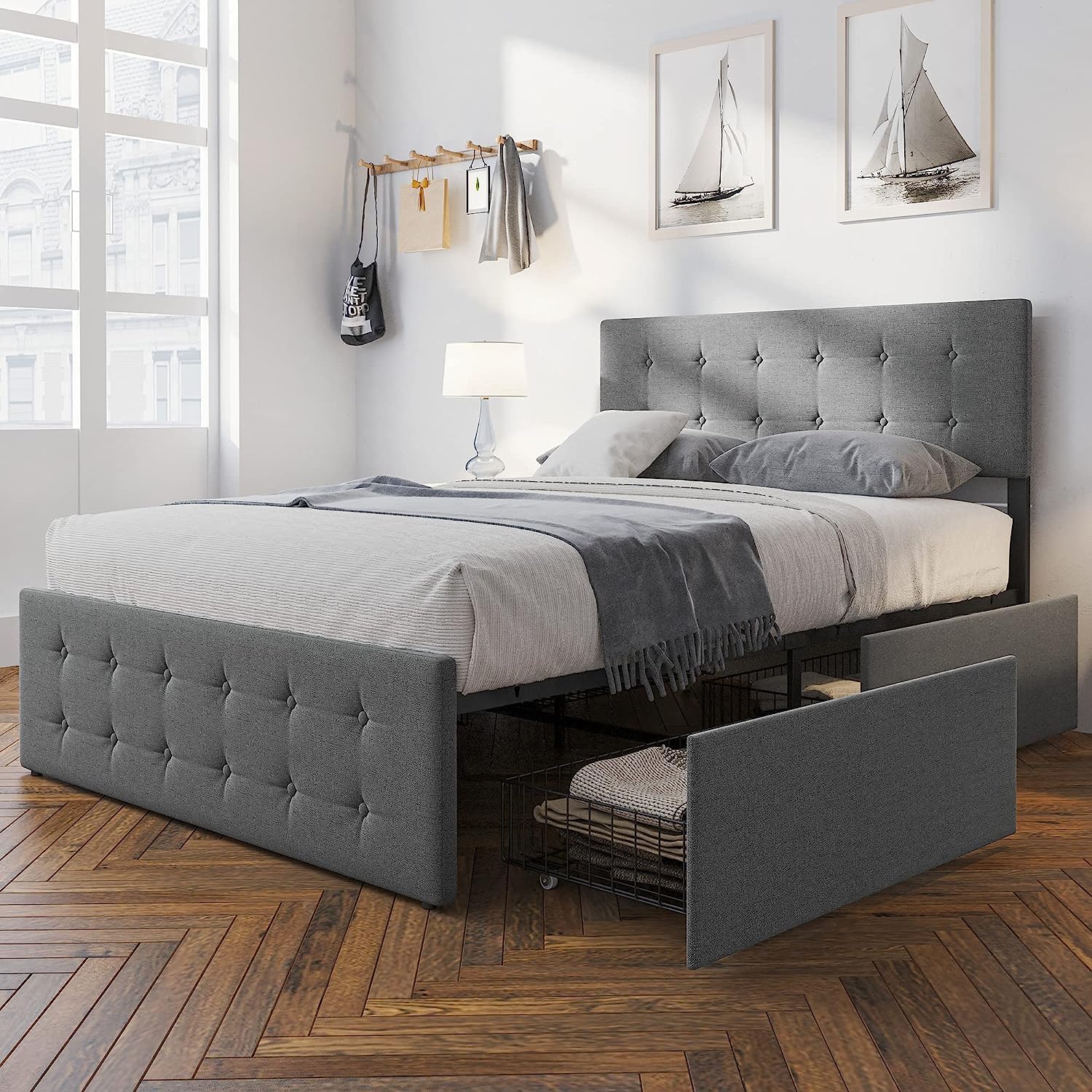 GAOMON Full Size Bed Frame with 4 Drawers Storage and Headboard, Tufted Upholstered Full Platform Bed Frame Mattress Foundation with Wood Slat Support, No Box Spring Needed, Noise-Free (Full)