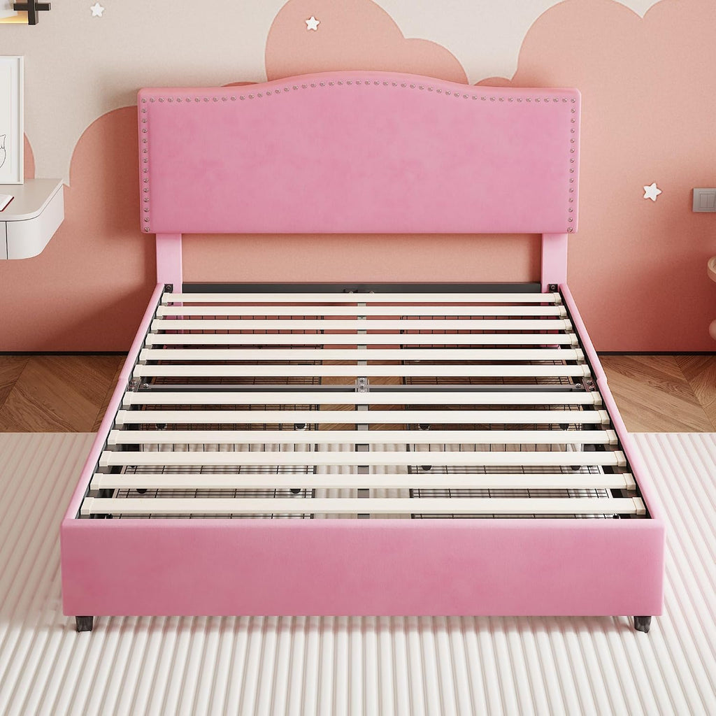 VECELO Queen Bed Frame, Platform Bed Frame with 4 Underbed Storage Drawers & Adjustable Height Upholstered Headboard, Heavy-Duty Frame and Strong Wooden Slats Support, Noise-Free, Easy Assembly, Pink