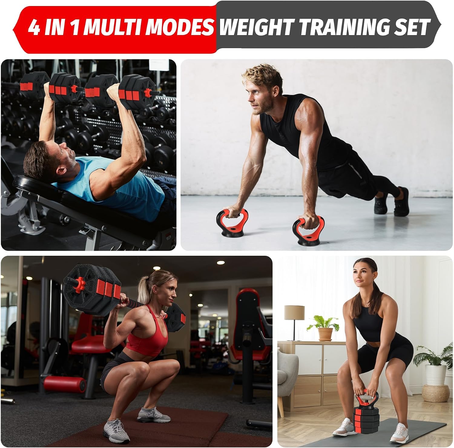 TROPOW 88lbs Adjustable Dumbbells Set, 4 in1 Free Weight Dumbbell Set of 2 Used as Barbell,Kettlebells,Fitness Exercises for Home Gym Suitable Men/Women