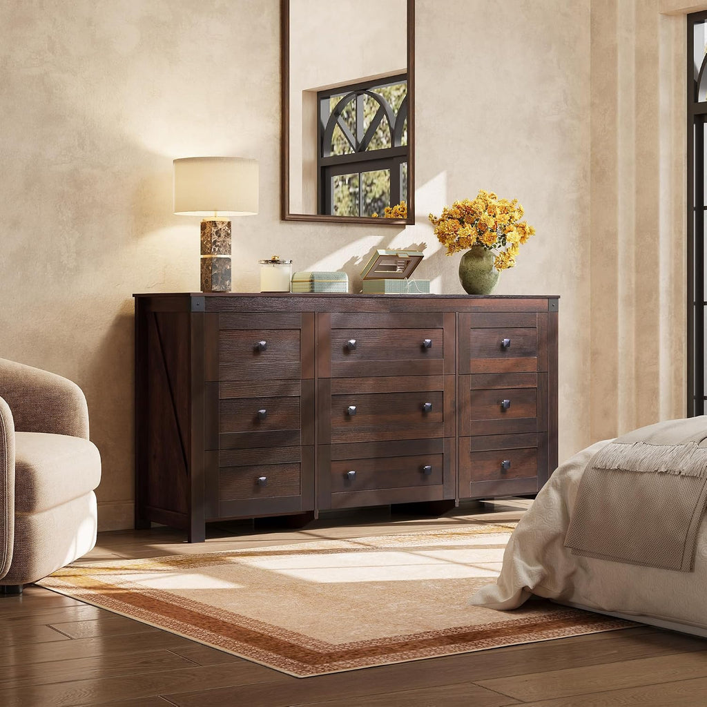 WLIVE Farmhouse Dresser for Bedroom, 63' Wide 9 Drawer Dresser Storage Organizer, Wood Chest of Drawers for Bedroom, TV Stand for 70 inch TV for Living Room, Hallway, Ball Bearing Slide (Brown)