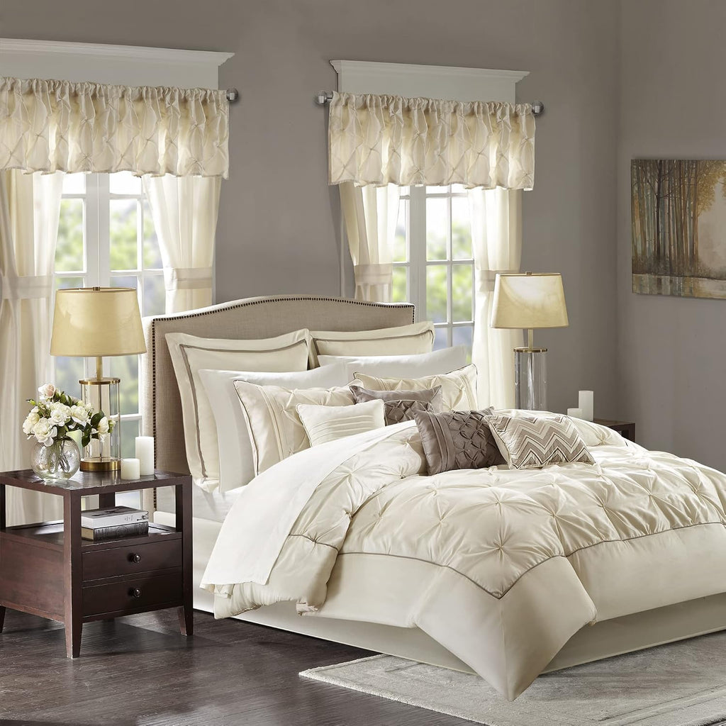Madison Park Essentials Room in a Bag Faux Silk Comforter Set - Luxe Diamond Tufting All Season Bedding, Matching Curtains, Decorative Pillows, Ivory Cal King(104'x92') 24 Piece