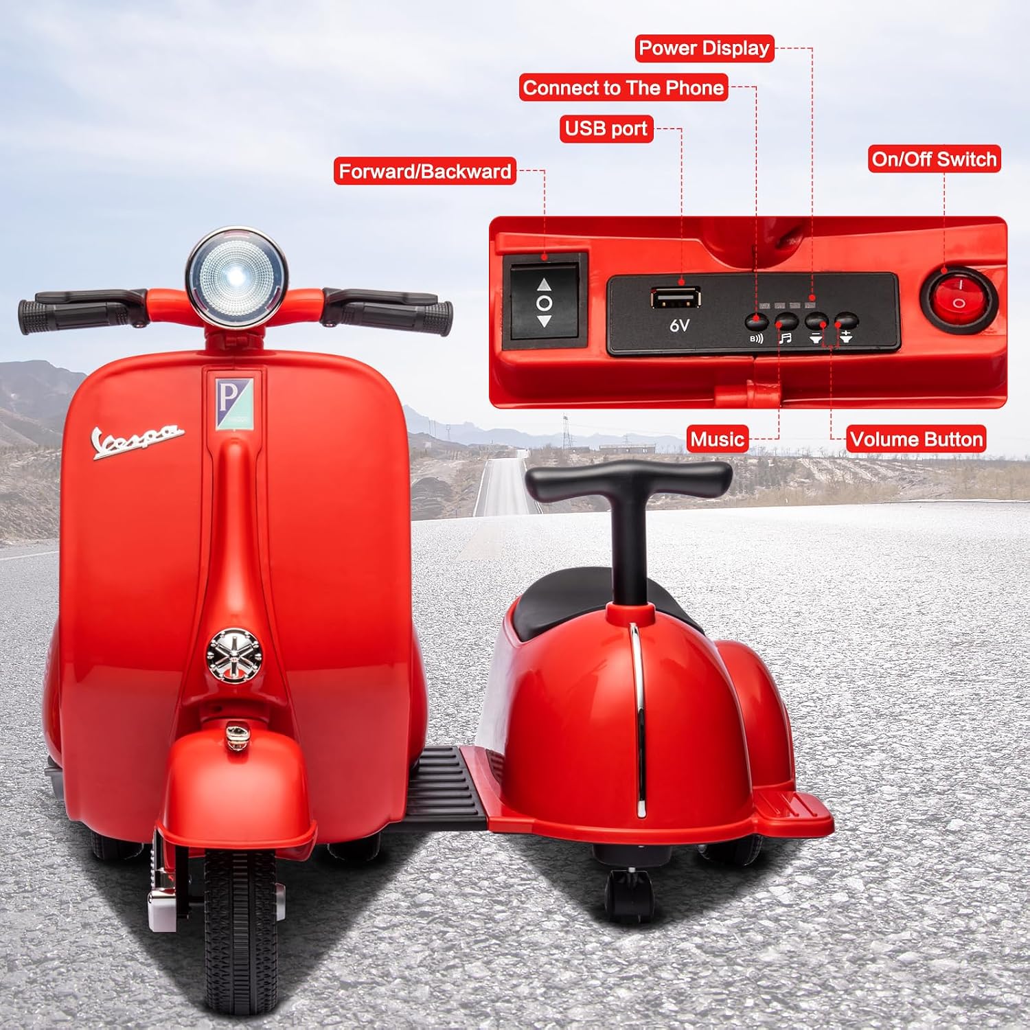 Licensed Vespa Kids Ride On Car with Side Car & Speaker | Motorcycle 2 Seater Three Wheeled Toy Car Rechargeable with Music Player, Volume Button, Lights, USB Plug, Forward, Backward, Red