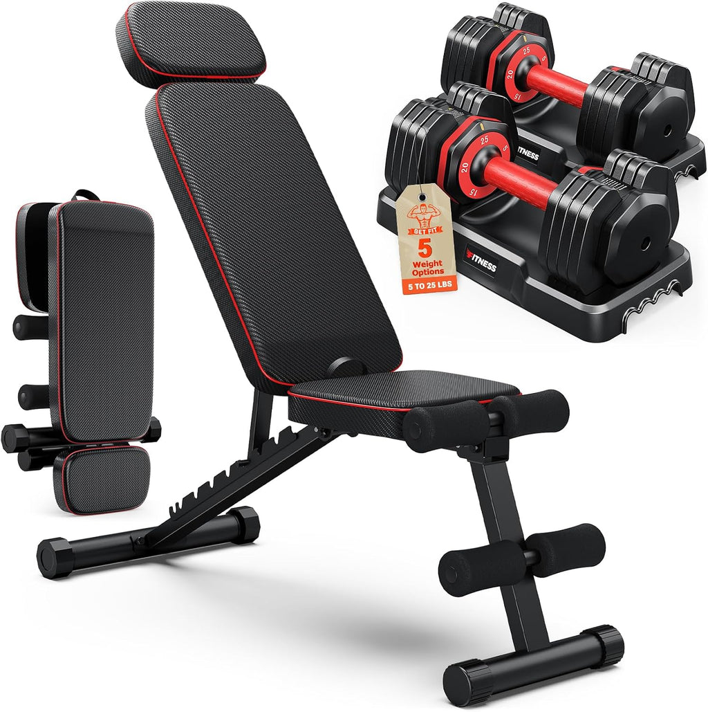 Adjustable Dumbbells Set of 2, 1 Hand Adjustable Weights Dumbbell Set and Workout Bench, 25/55/80lb Pair Weight Set For Home Gym Suit both Men and Women, Compact for Small Space Apartment Room