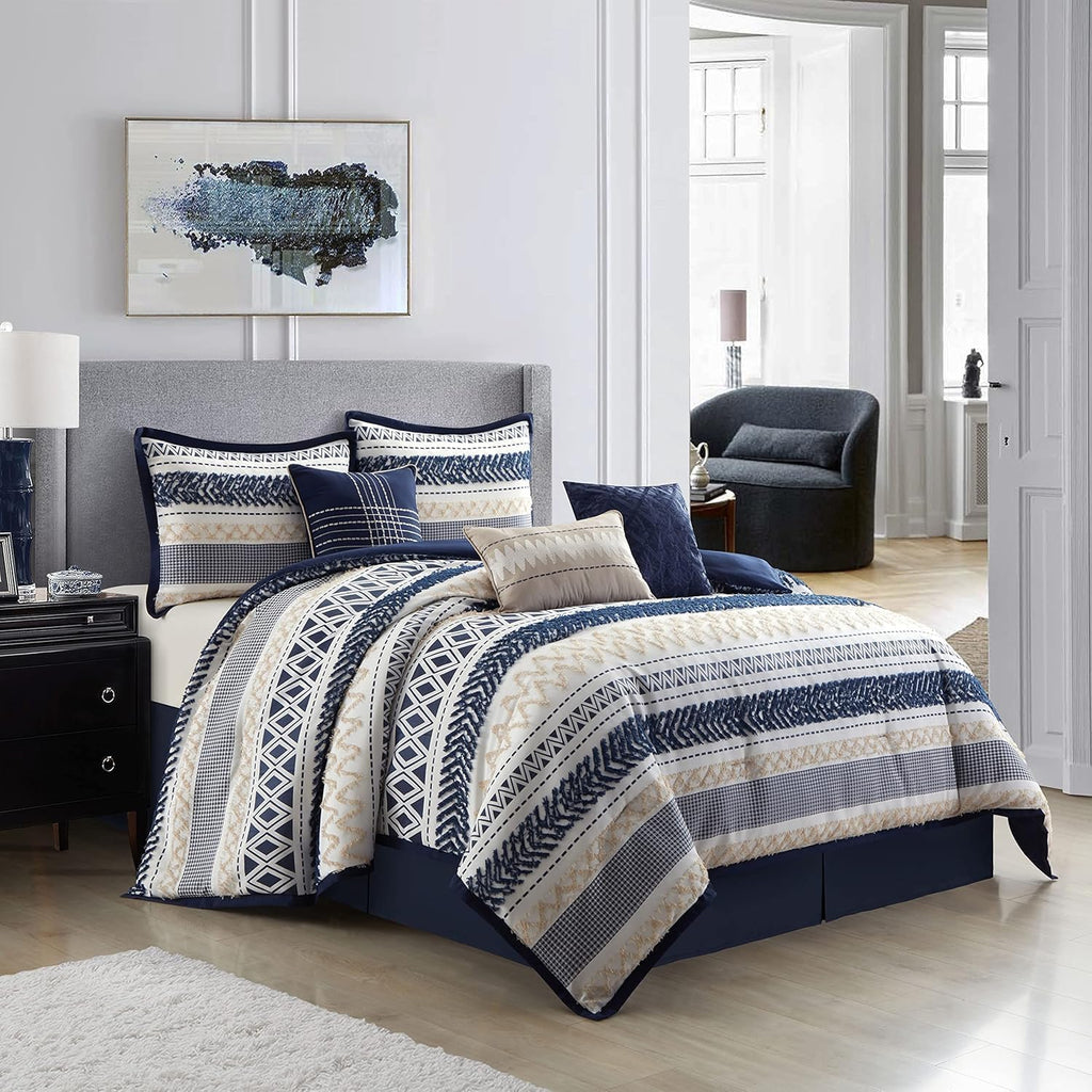 Grand Avenue Navy Striped California King Comforter Set, 7 Piece, Jacquard & Clip All Season Premium Bedding Set, Matching Shams, Bedskirt, Decorative Pillows