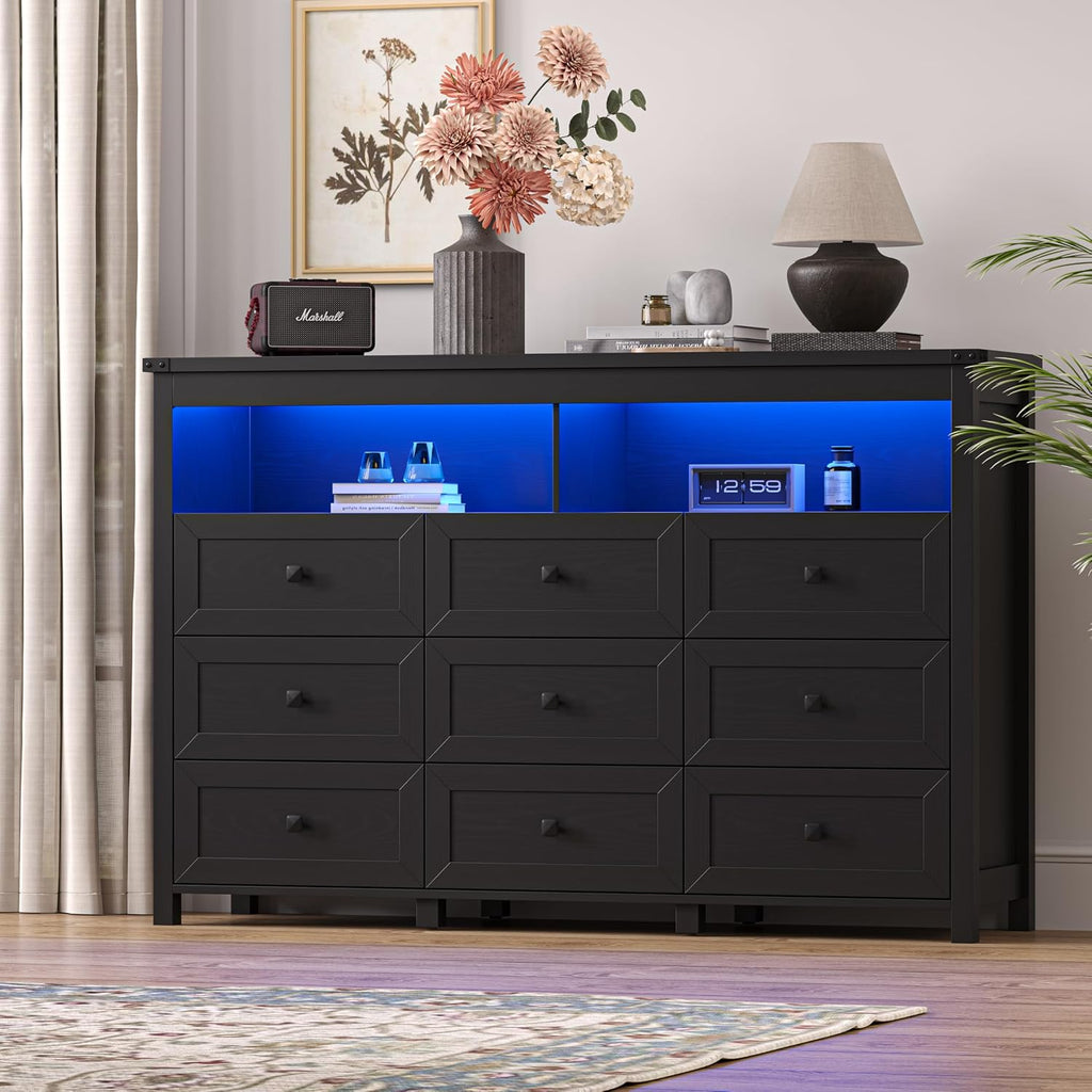 Dresser for Bedroom with 9 Drawers, Wide Modern Chest of Drawers with LED Light and Power Outlet, Wooden Closet Organizer Clothes Storage Cabinet, Double Dressers for Living Room, Hallway, Black