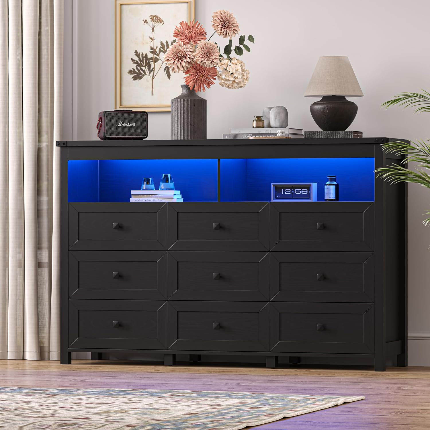 Dresser for Bedroom with 9 Drawers, Wide Modern Chest of Drawers with LED Light and Power Outlet, Wooden Closet Organizer Clothes Storage Cabinet, Double Dressers for Living Room, Hallway, Black
