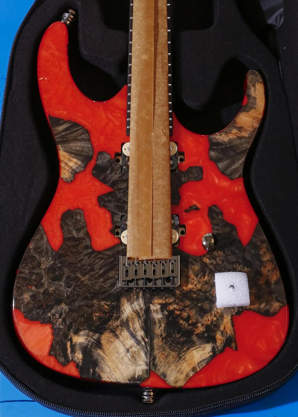 Leo Jaymz Electric Guitar Monsoon Deluxe Series, Reverse Headstock, Burl Top, Mahogany Body, Roasted Maple Neck, Rosewood Fretboard, Case and Capo(RB-2023-228)