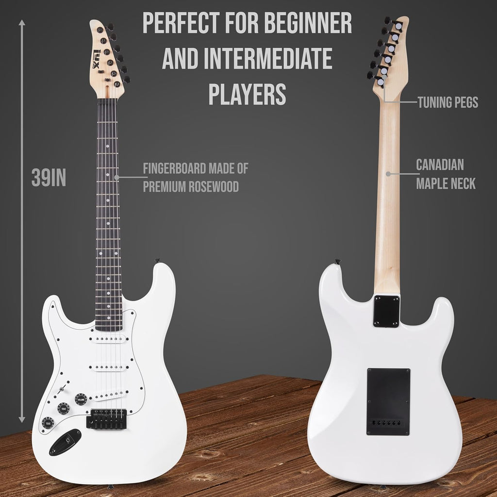 LyxPro Left Hand 39 Inch Electric Guitar and Starter Kit for Lefty Full Size Beginner's Guitar, Amp, Six Strings, Two Picks, Shoulder Strap, Digital Clip On Tuner, Guitar Cable and Soft Case - White