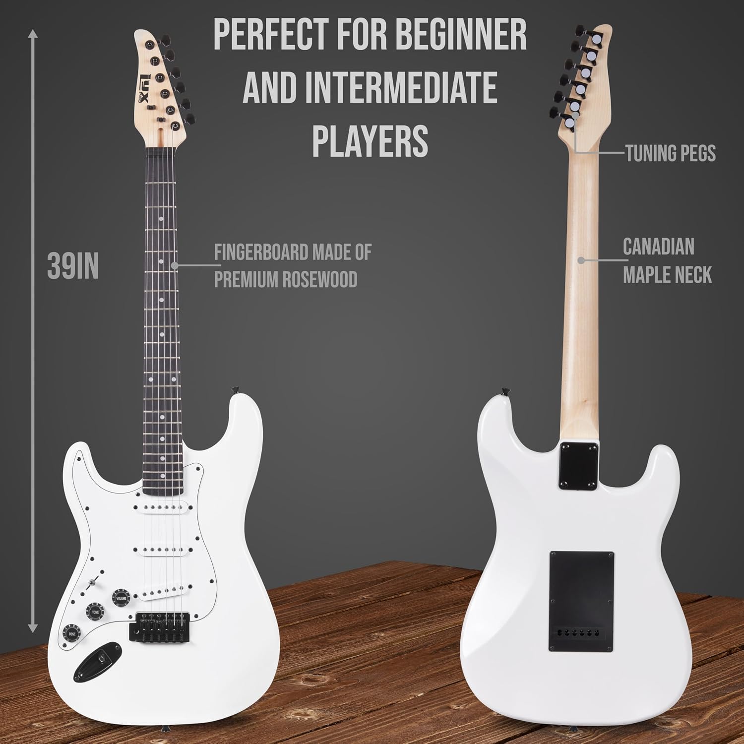LyxPro Left Hand 39 Inch Electric Guitar and Starter Kit for Lefty Full Size Beginner's Guitar, Amp, Six Strings, Two Picks, Shoulder Strap, Digital Clip On Tuner, Guitar Cable and Soft Case - White