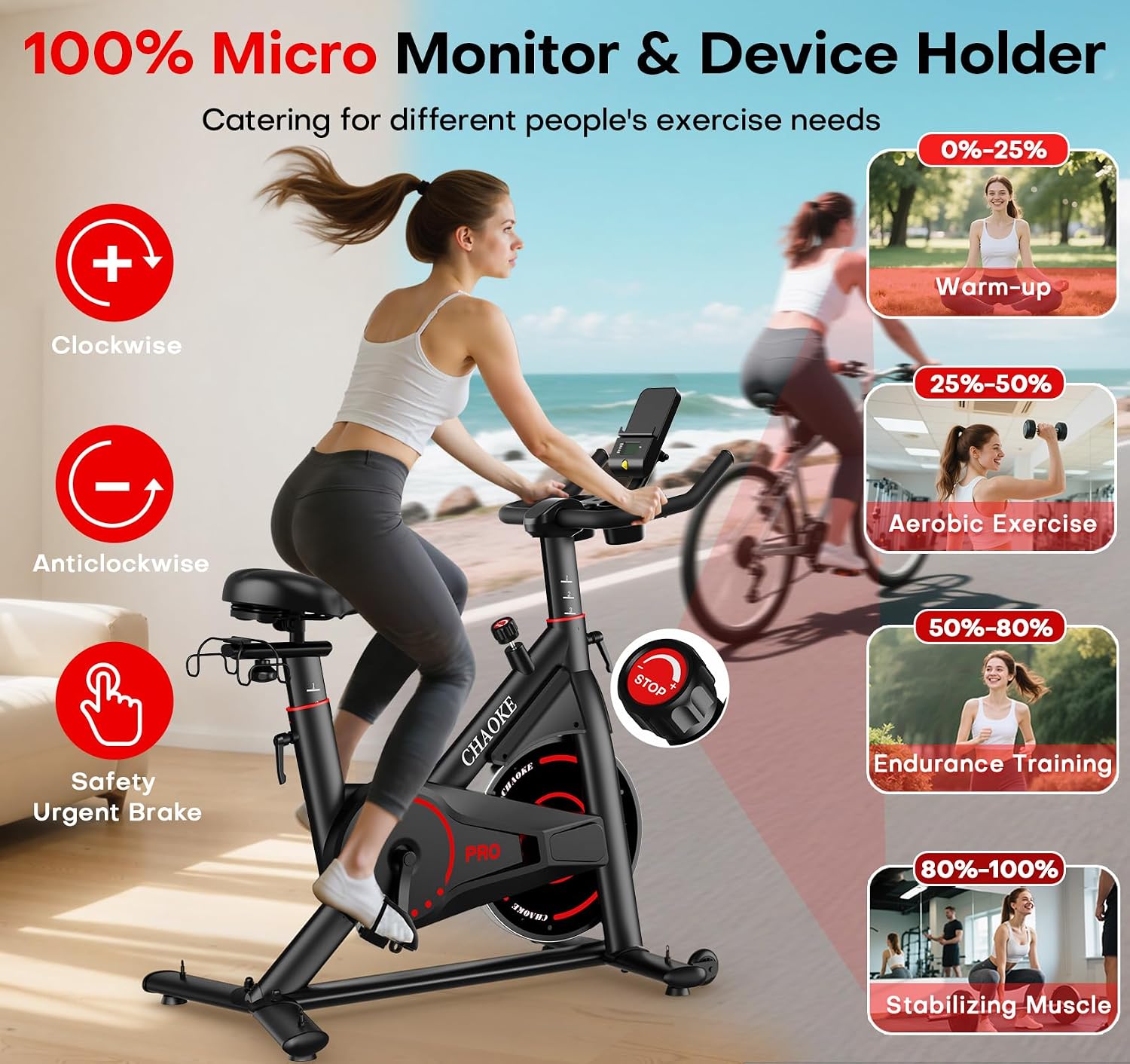 Exercise Bike, CHAOKE Quiet Adjustable Magnetic Resistance Stationary Bike for Home Cardio with App Compatible, 350LB Weight Capacity Indoor Cycling Bike with Comfortable Seat & Digital Display