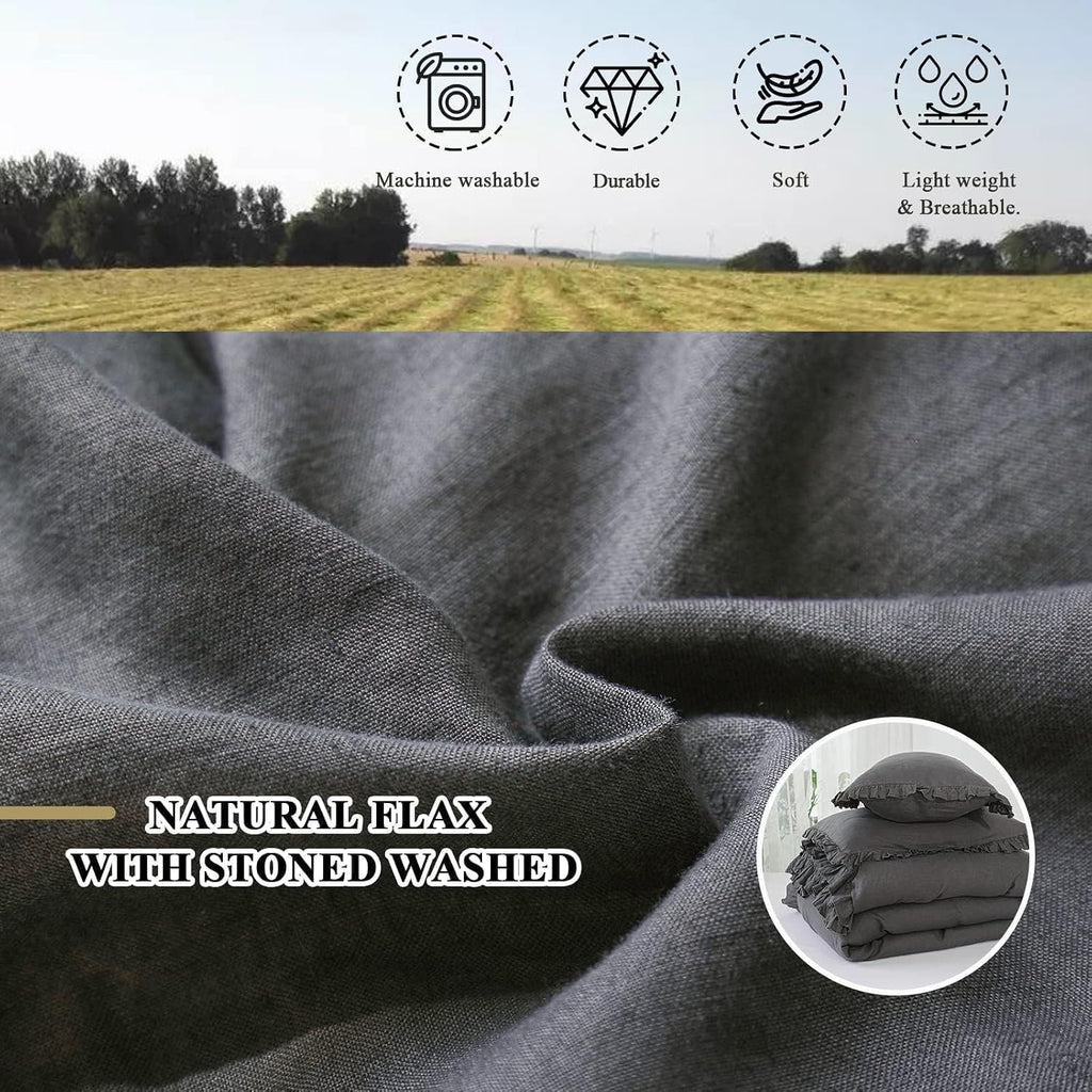 Simple&Opulence 100% Linen Duvet Cover Set, 3 PCS Natural French Flax Dark Grey Ruffle Duvet Cover King Size, Breathable Comfy Linen Bedding Comforter Cover with 2 Pillowcases (Dark Grey, 104' X 92')