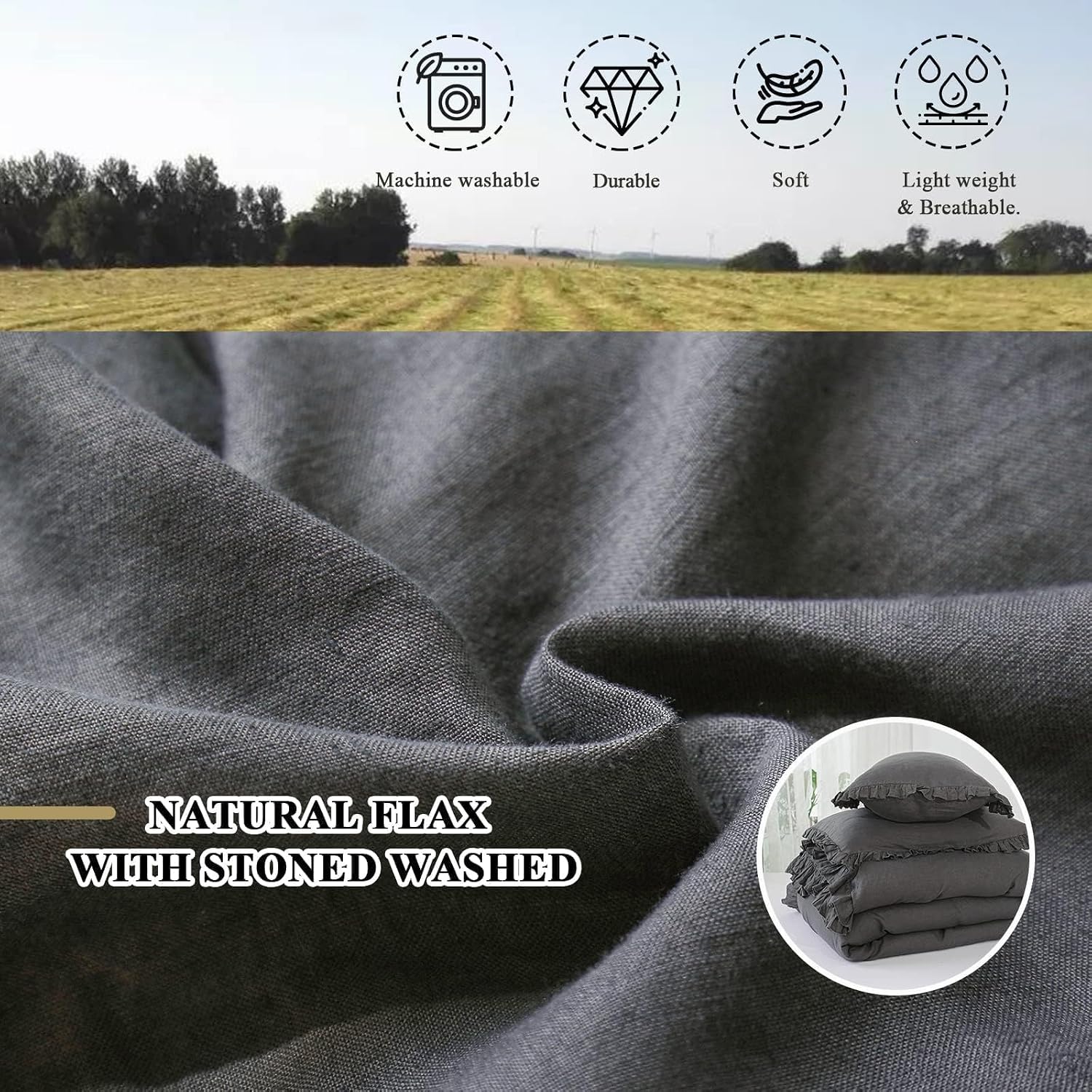 Simple&Opulence 100% Linen Duvet Cover Set, 3 PCS Natural French Flax Dark Grey Ruffle Duvet Cover King Size, Breathable Comfy Linen Bedding Comforter Cover with 2 Pillowcases (Dark Grey, 104' X 92')