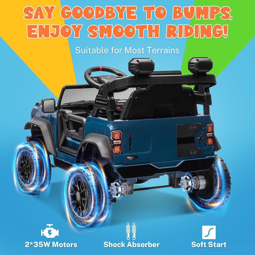 ENYOPRO Licensed Ford Bronco Raptor Electric Ride On Jeep for Kids, 12V Remote Control Ride On Car for Toddlers, Electric Vehicle w/Shock Absorbers, Soft Start, Bluetooth, LED Lights, 2 Speed (Blue)