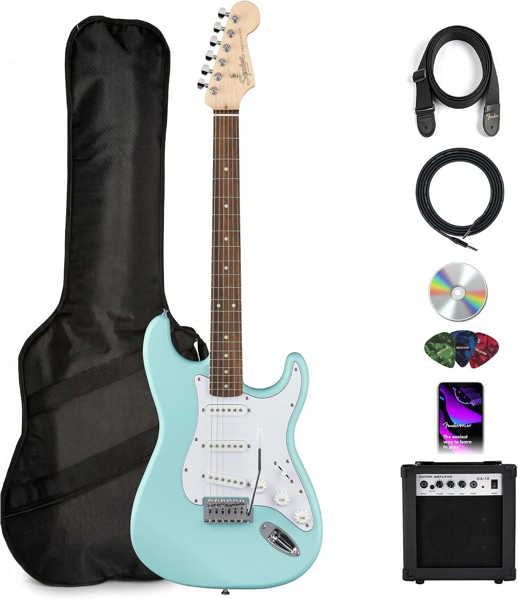 Fender Squier Stratocaster Electric Guitar - Daphne Blue Bundle with Amplifier, Gig Bag, Cable, Strap, Picks, and Austin Bazaar Instructional Video