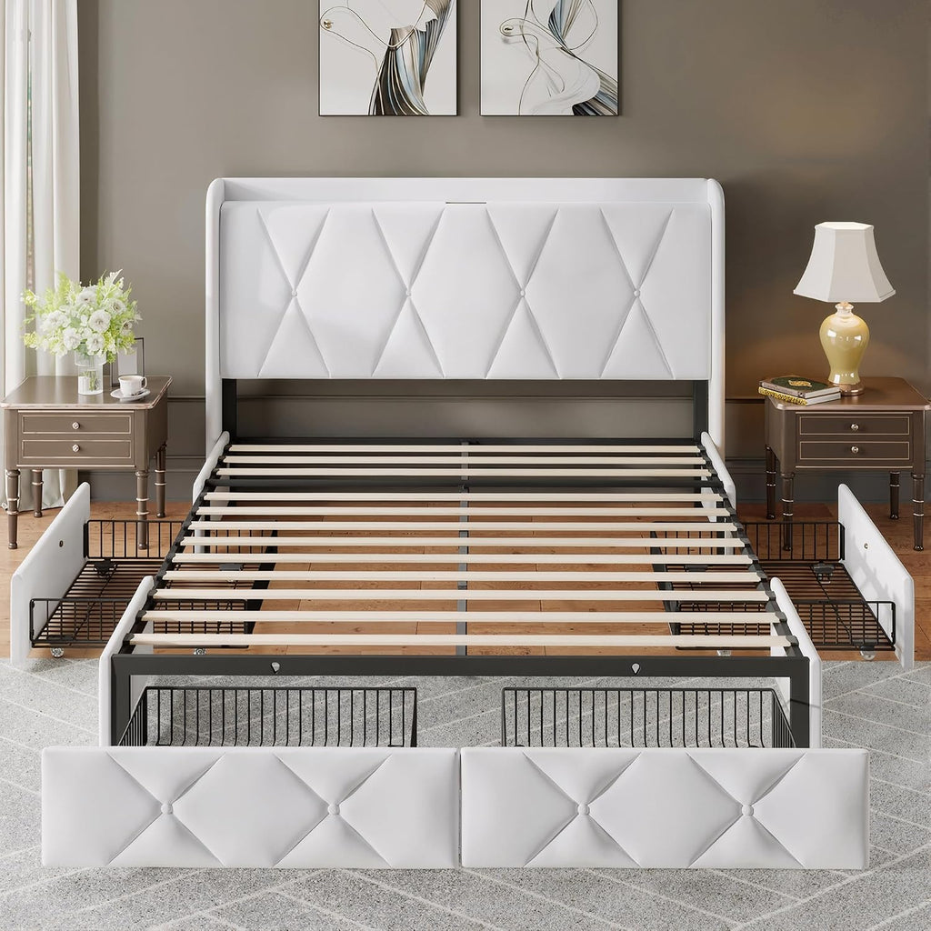 Feonase Full Size Bed Frame with 4 Storage Drawers, Velvet Upholstered Platform Bed with Charging Station, Wingback Storage Headboard, Wooden Slats Support, No Box Spring Needed, Easy Assembly, White