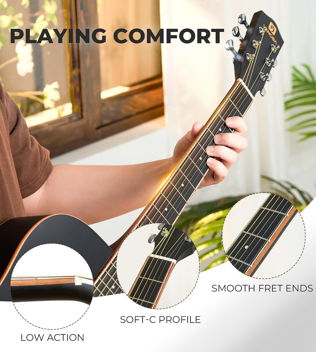Vangoa 41' Acoustic Guitar Bundle for Adults Beginners Teens Dreadnought Full Size Cutaway Guitarra Acústica Kit with Wooden Bindings, Gig Bag, Tuner, Steel Strings, Capo, Strap, Black
