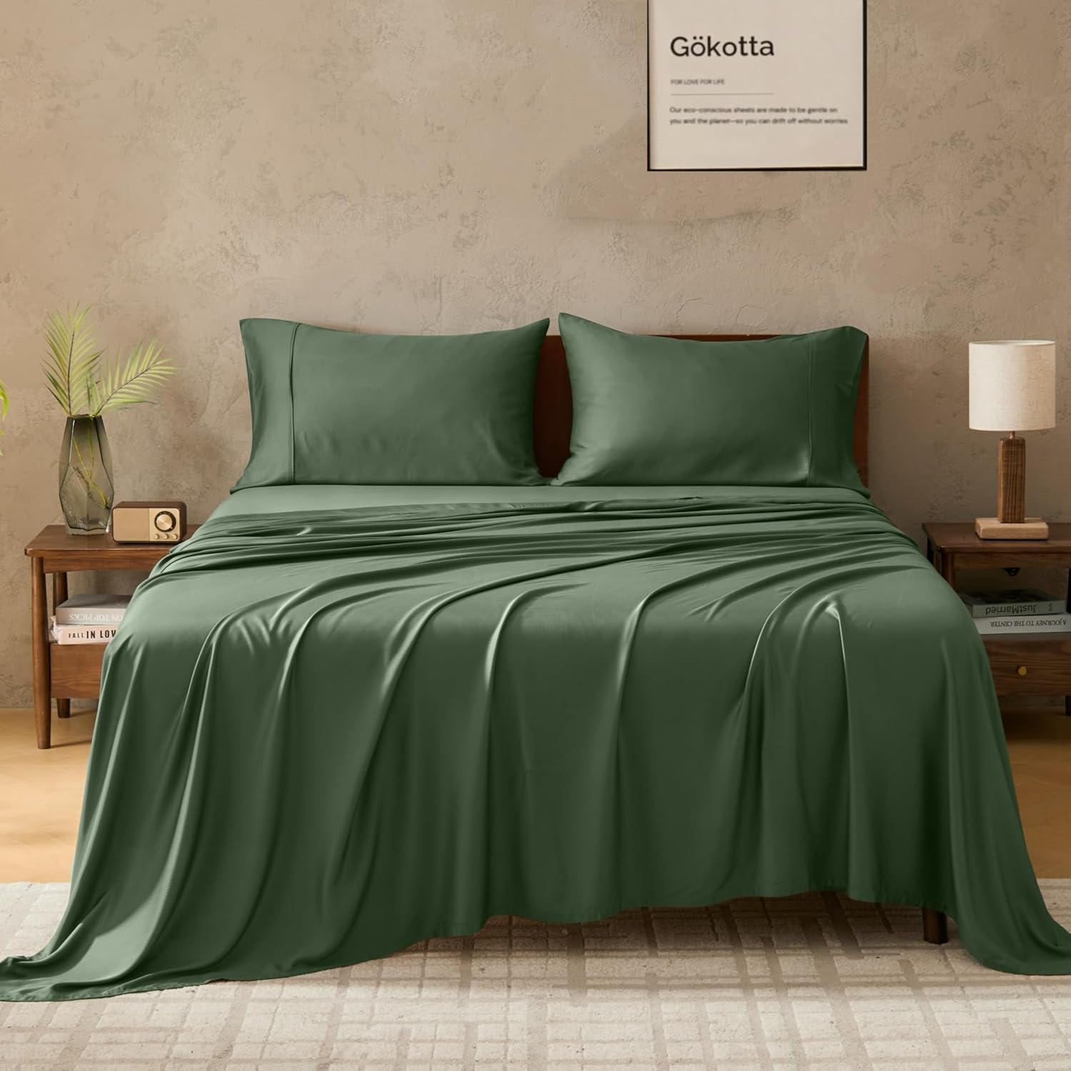 GOKOTTA Full Size Bed Sheets 4 Piece Set, 100% Rayon Derived from Bamboo, Cooling for Hot Sleepers-Luxury Breathable Soft Sheets, Deep Pocket 15' Fitted Sheet with Elastic Corner Straps, Green