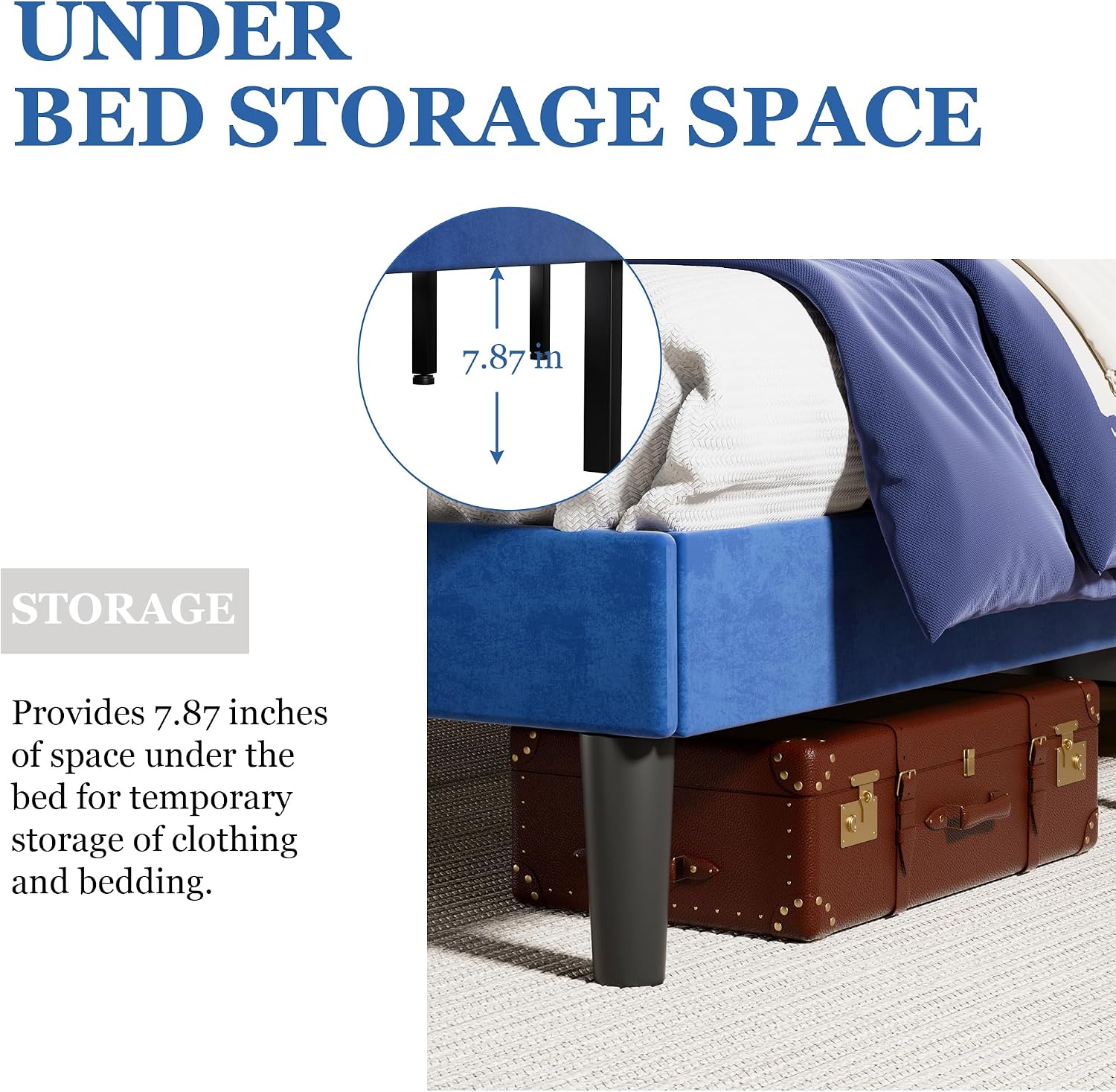 VECELO Queen Size Bed Frame, Upholstered Platform with Adjustable Diamond Tufted Headboard, Wood Slat Support, No Box Spring Needed, Navy Blue