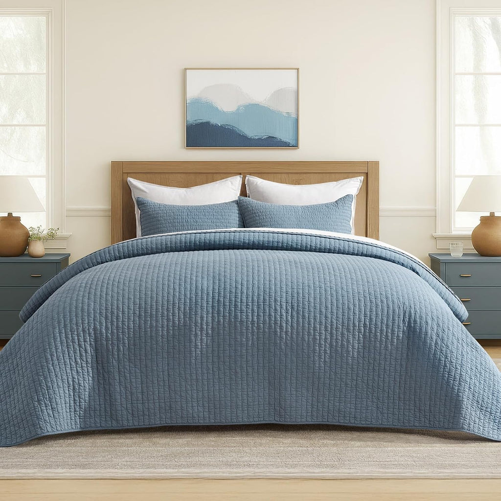 EVERGRACE x Kinsey Walsh Cross Stitch Pre-Washed Cotton Quilt Bedding Set King Size, Oversized 3 Pieces Lightweight Bedspread Coverlet for All Season, with 2 Matching Shams, Dusty Blue, 118'x106' | Cross Stitch