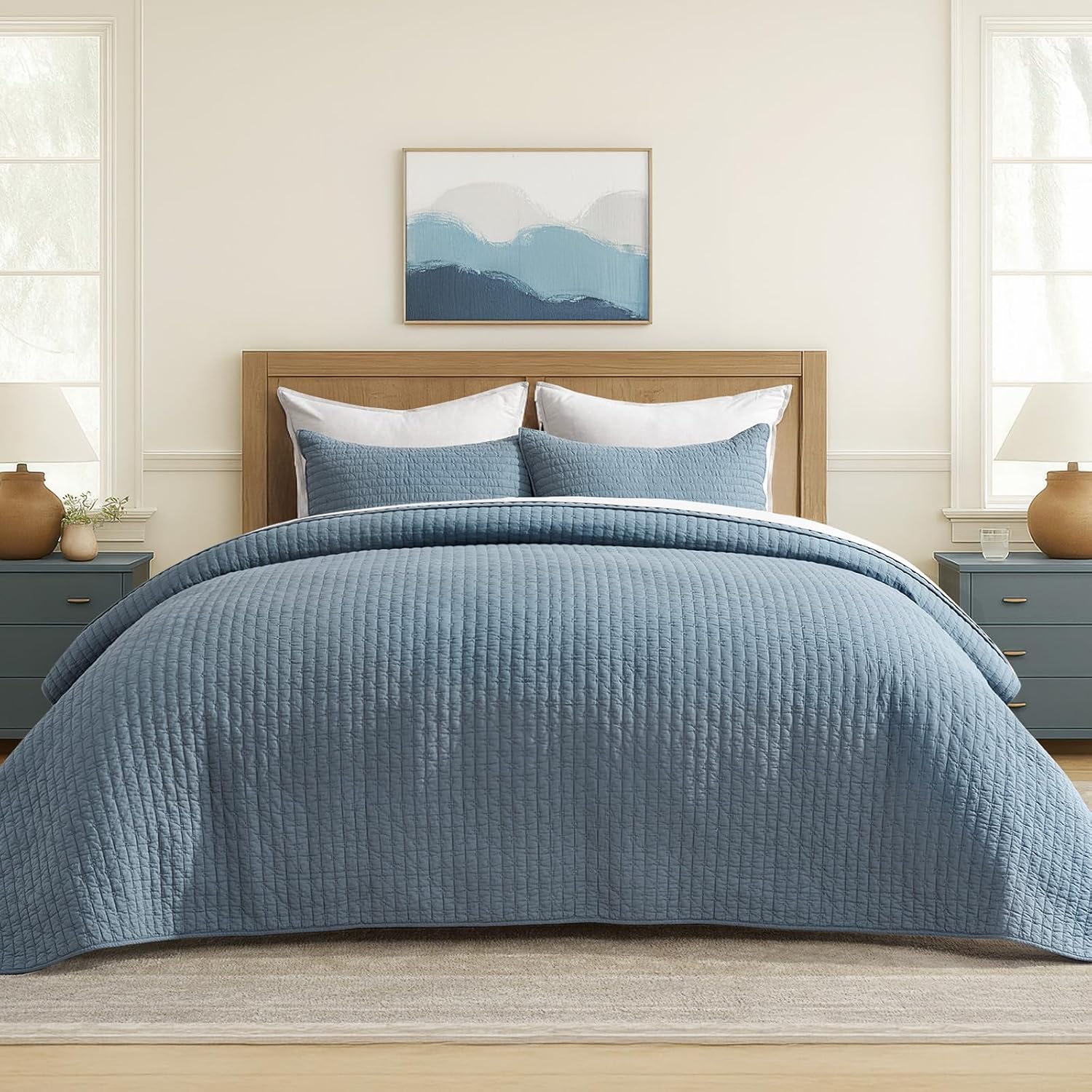 EVERGRACE x Kinsey Walsh Cross Stitch Pre-Washed Cotton Quilt Bedding Set King Size, Oversized 3 Pieces Lightweight Bedspread Coverlet for All Season, with 2 Matching Shams, Dusty Blue, 118'x106' | Cross Stitch