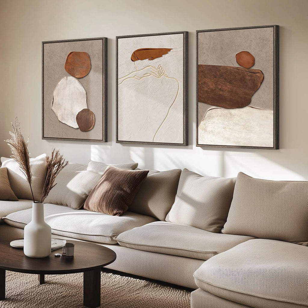 Large Framed Neutral Abstract Wall Art for Living Room, Set of 3 Rustic Beige Brown Canvas Prints Paintings Artwork for Walls, Minimalist Stone Pictures for Hallway Stair Office Wall Decor 24x36 Inch