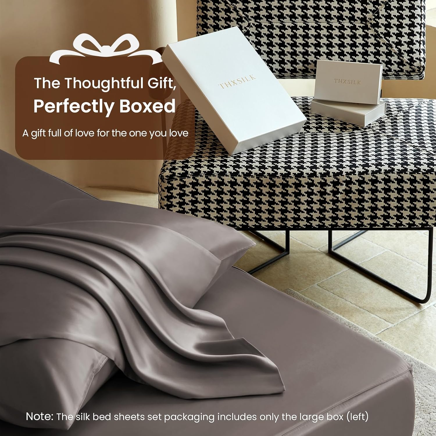 THXSILK Luxury Mulberry Silk Bed Sheets Set - 4pcs Silk Sheets Set 16' Deep Pocket - 1 Fitted Sheet, 1 Flat Sheet, 2 Pillowcases with Zipper Closure - Full, Charcoal