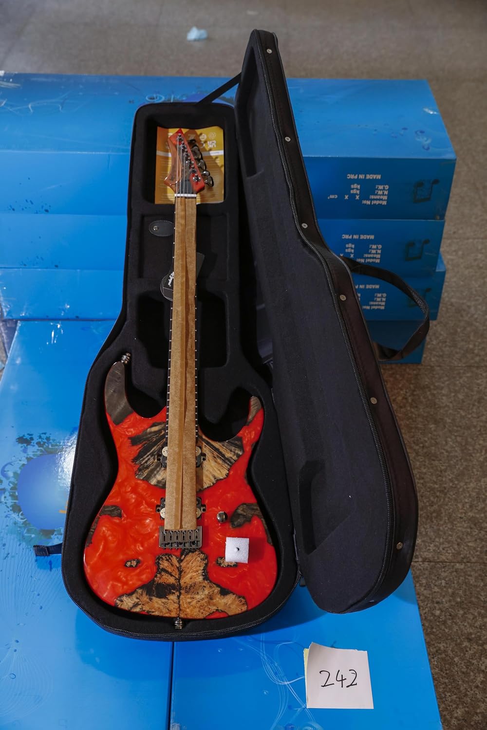 Leo Jaymz Electric Guitar Monsoon Deluxe Series, Reverse Headstock, Burl Top, Mahogany Body, Roasted Maple Neck, Rosewood Fretboard, Case and Capo(RB-2024-242)