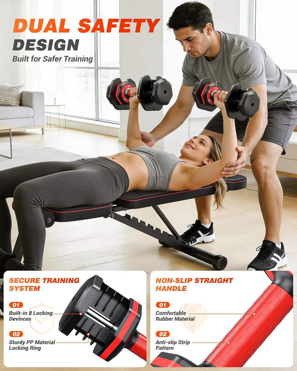 Adjustable Dumbbells Set of 2, 1 Hand Adjustable Weights Dumbbell Set and Workout Bench, 25/55/80lb Pair Weight Set For Home Gym Suit both Men and Women, Compact for Small Space Apartment Room