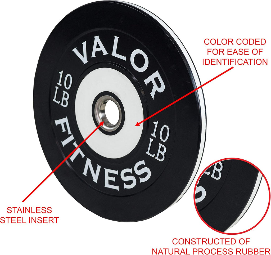 Valor Fitness Olympic Bumper Plate Pro - Weight Plates - Lifting Strength Conditioning Cross Training Workouts – Sold in Singles, Pairs, Sets - Workout Equipment