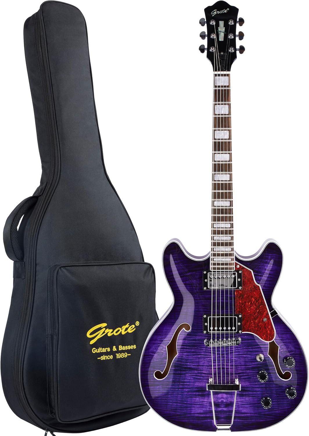 GROTE Jazz Electric Guitar Semi-Hollow Body Trapeze Tailpiece Bridge Guitar Gig Bag (Purple)
