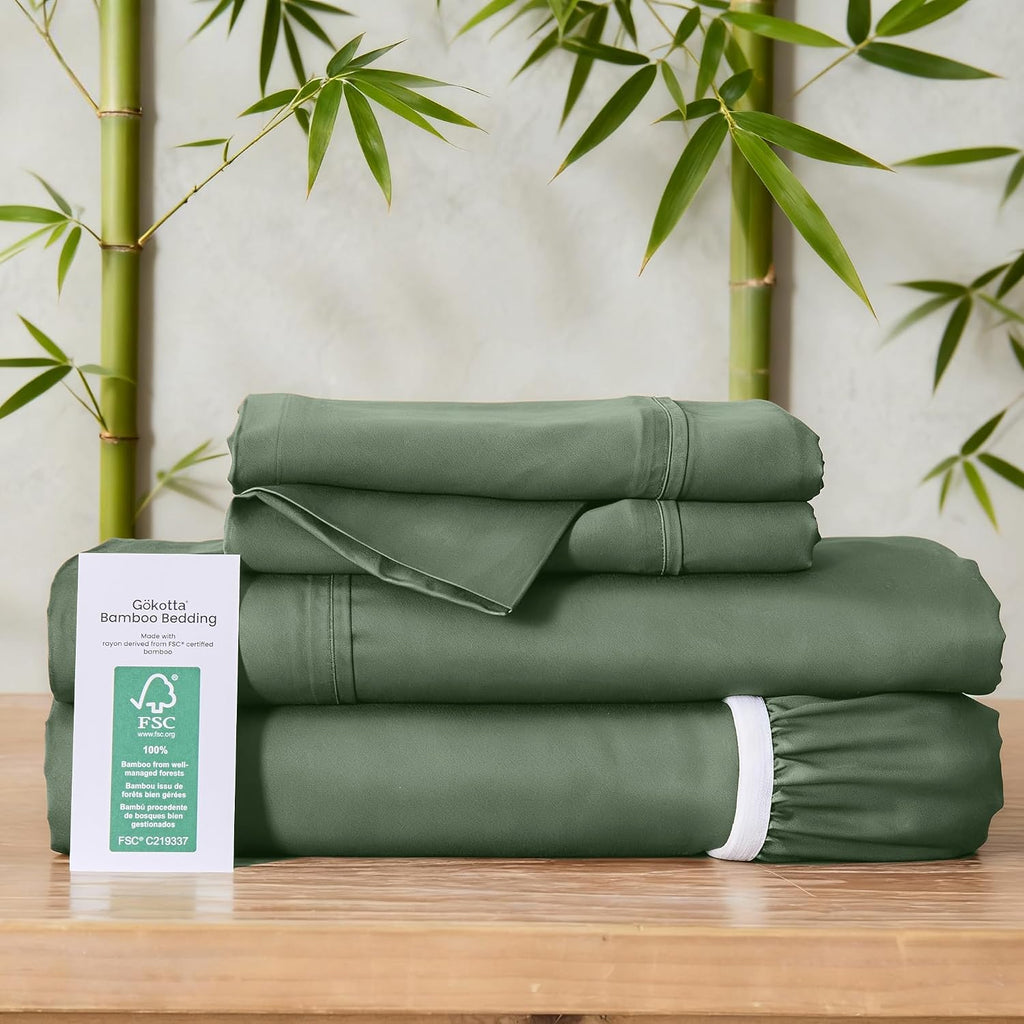 GOKOTTA Full Size Bed Sheets 4 Piece Set, 100% Rayon Derived from Bamboo, Cooling for Hot Sleepers-Luxury Breathable Soft Sheets, Deep Pocket 15' Fitted Sheet with Elastic Corner Straps, Green