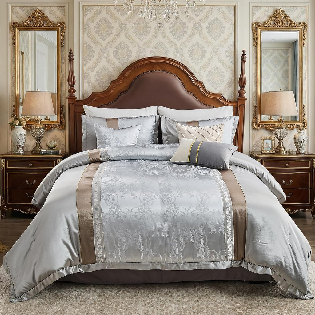 Bedduvit Luxurious Silky 7 Pieces King Size Comforter Set - Soft Jaquard Floral Patchwork Design King Comforter Set, Silver Gray Down Alternative Bedding Set with Bed Skirt, Shams, Decorative Pillows