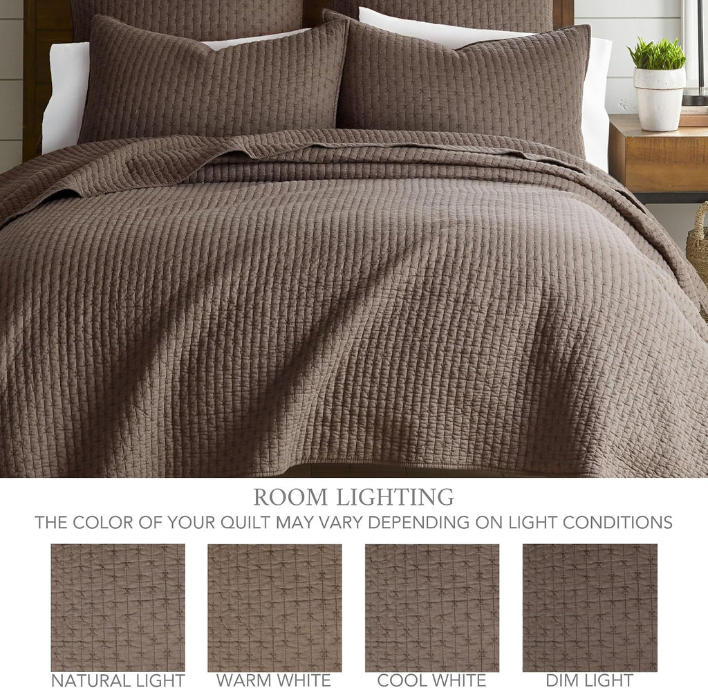 Levtex Home Cross Stitch Reversible King Bedspread Set (120x104in) with 2 Pillow Shams (36x20in) - Stitch Texture - Cocoa - Cotton King Size Bedspread Set - Soft, Pre-Washed