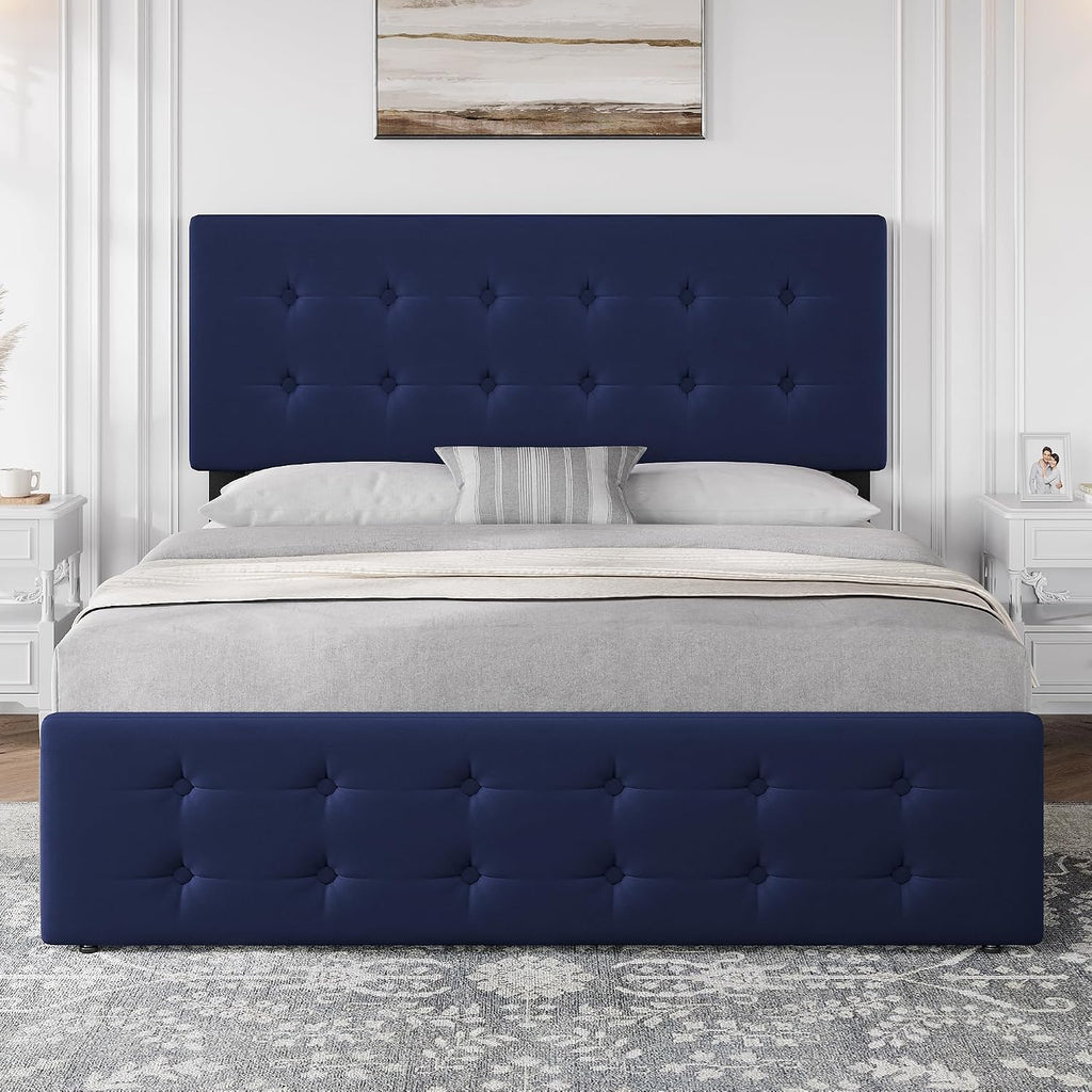 Full Size Platform Bed Frame with 4 Storage Drawers & Headboard, Faux Leather Upholstered, Button Tufted Design, Wooden Slats Support, Noise-Free Mattress Foundation, No Box Spring Needed, Blue