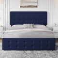 Full Size Platform Bed Frame with 4 Storage Drawers & Headboard, Faux Leather Upholstered, Button Tufted Design, Wooden Slats Support, Noise-Free Mattress Foundation, No Box Spring Needed, Blue