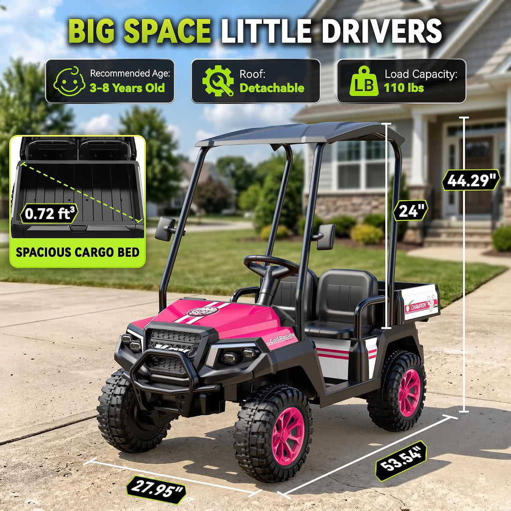24V Kids Golf Cart w/Detachable Awning–4WD 2 Seater Ride on Car w/Large Storage Trunk, Remote Control, 3 Speeds, Music Player, LED Lights, Ride On Toys, Gift for Kids Ages 3-8(Pink)