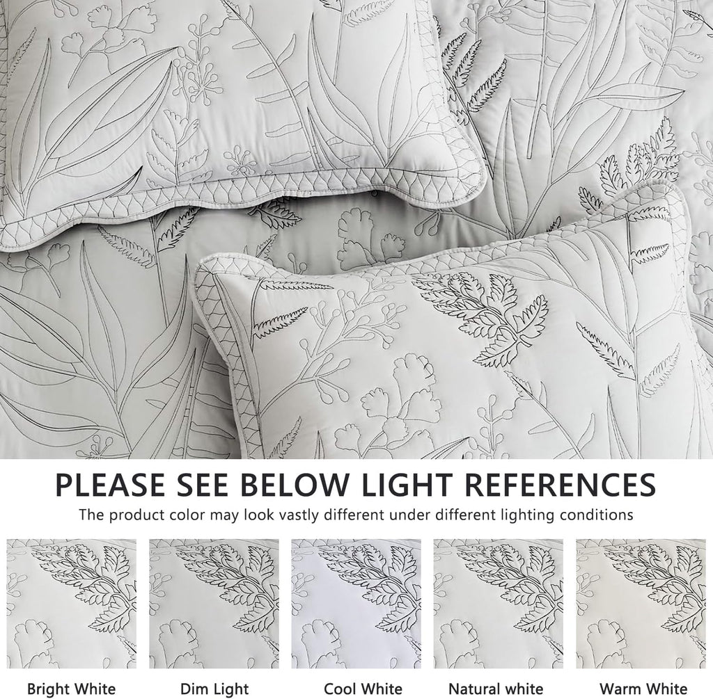 DaisyHuang Botanical Oversized Bedspread King Size - Leaves Pattern Stitching Quilt Set - Elegant & Fresh Style Bedding Coverlets, Reversible, Lightweight, 5 Piece, Grey