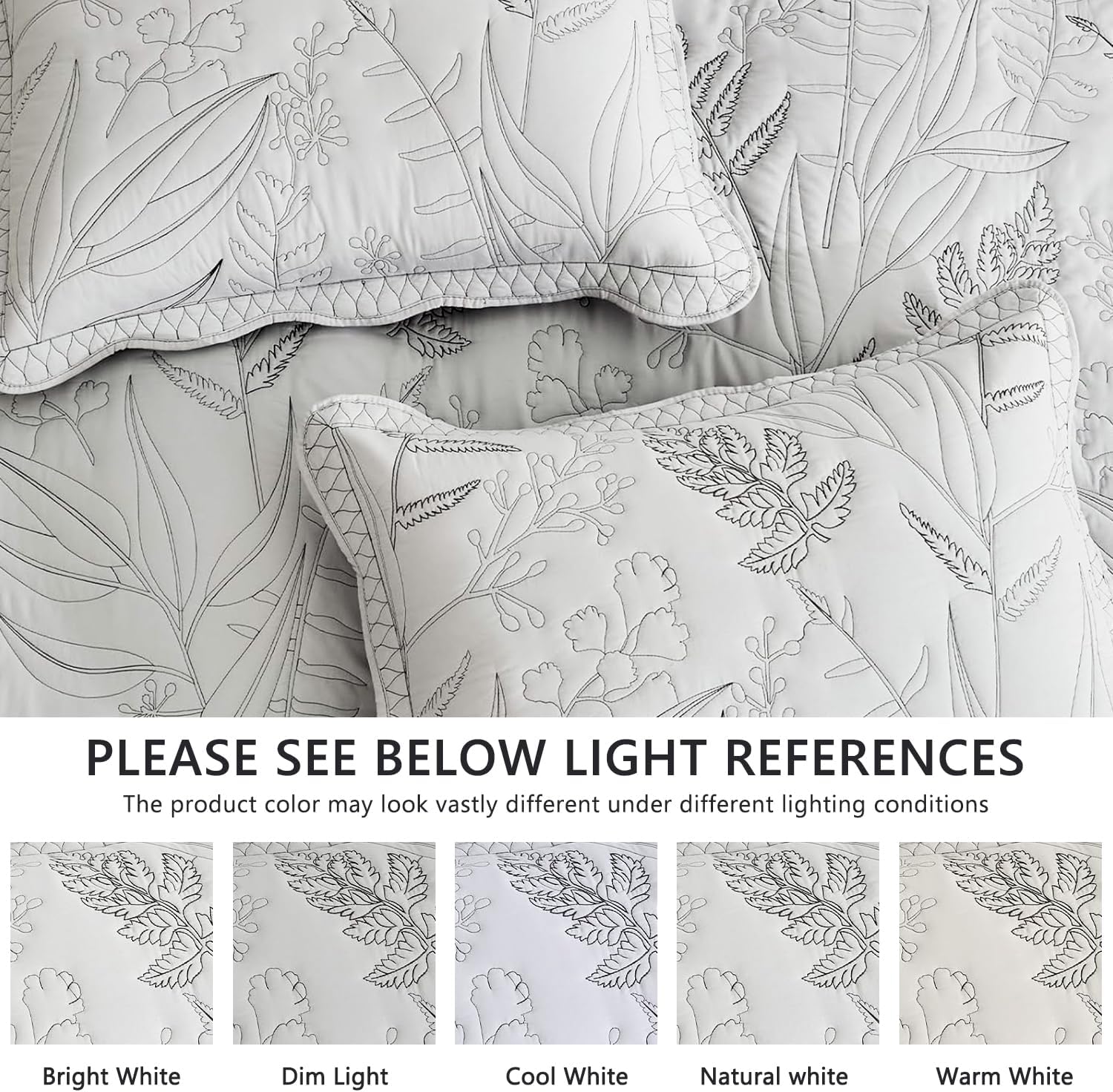 DaisyHuang Botanical Oversized Bedspread King Size - Leaves Pattern Stitching Quilt Set - Elegant & Fresh Style Bedding Coverlets, Reversible, Lightweight, 5 Piece, Grey