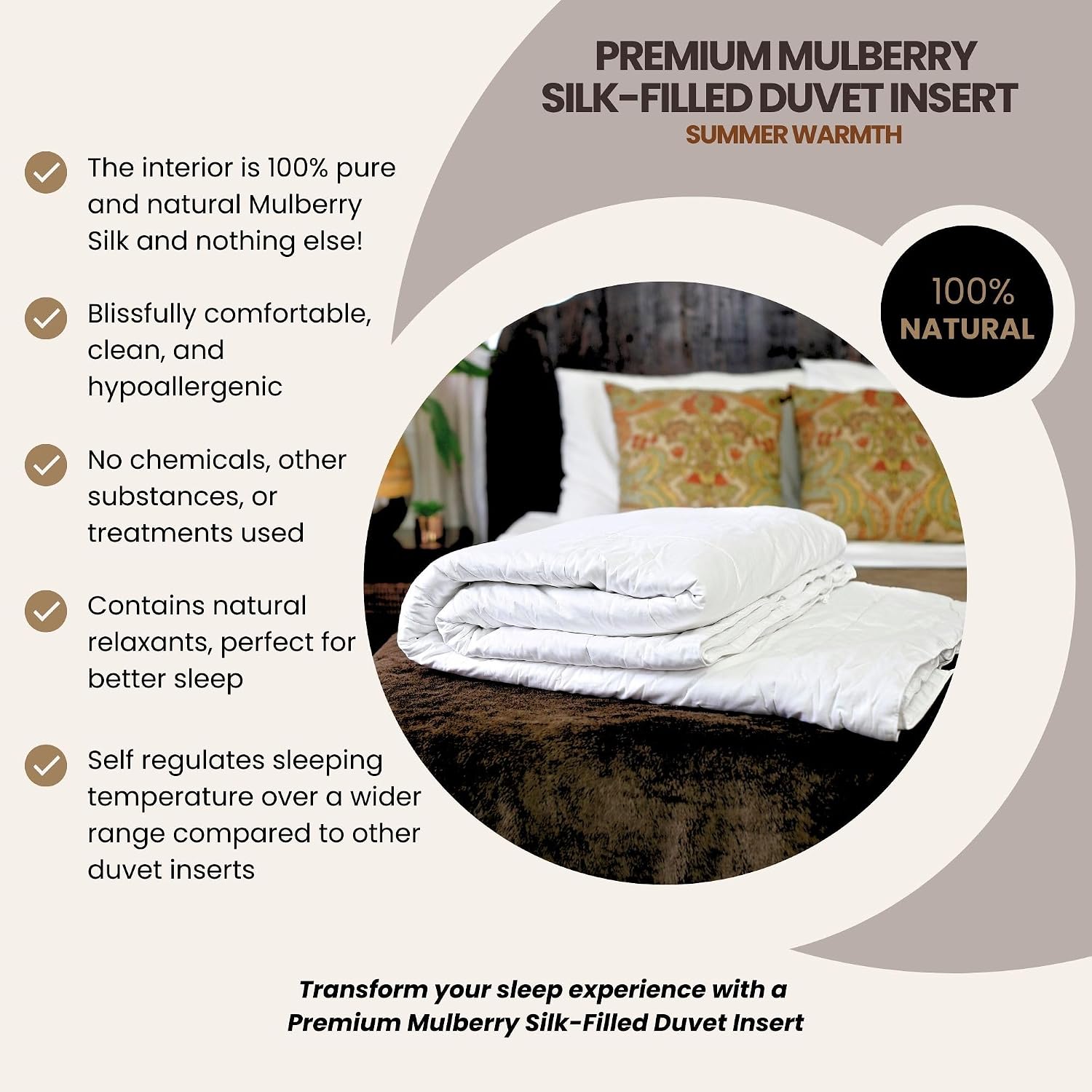 Silk Bedding Direct. Premium Mulberry Silk-Filled Duvet Insert. Summer Bliss (4 Tog). Queen Size, 90' x 90'. A Hypoallergenic Haven, Enveloping Your Dreams in Pure Mulberry Silk.