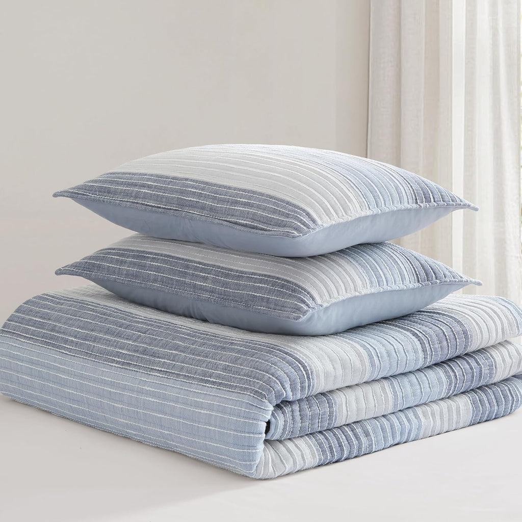 Levtex Home – Sand Stripes Blue Twin Quilt – 68x86in – Textured Stripe – Blue and White – Reversible - Cotton | Textured